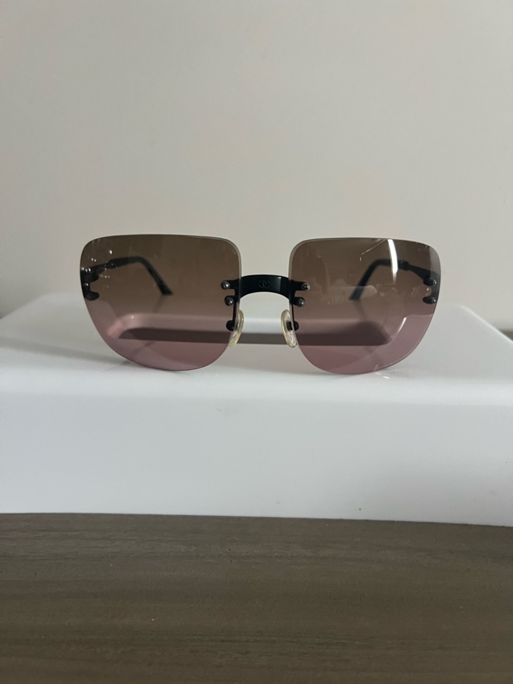 CHANEL 4006 Rimless Shield Sunglasses Brown Gradient Italy Y2K Vintage w/Case.